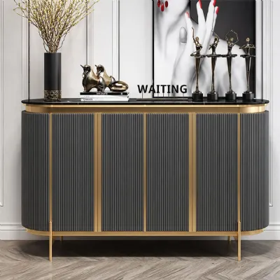 Black Marble Top 4 Door Grey Ribbed Sideboard Gold Trimmed