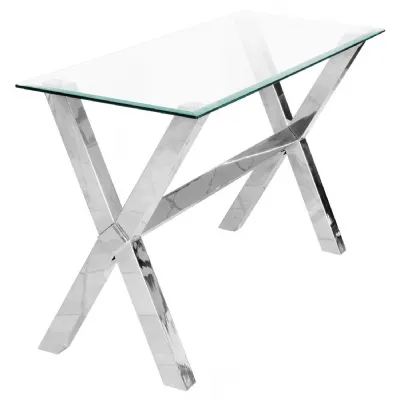 Clear Glass Top Console Table Cross Chrome Steel Legs