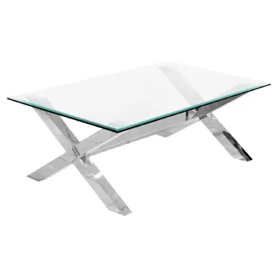 Clear Glass Rectangular Coffee Table Cross Chrome Steel Base