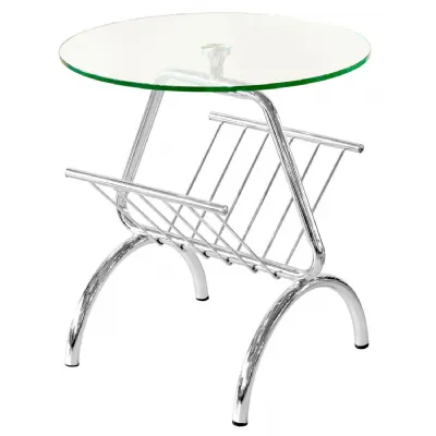 Clear Glass Top Round Magazine Table Chrome Base with Rack