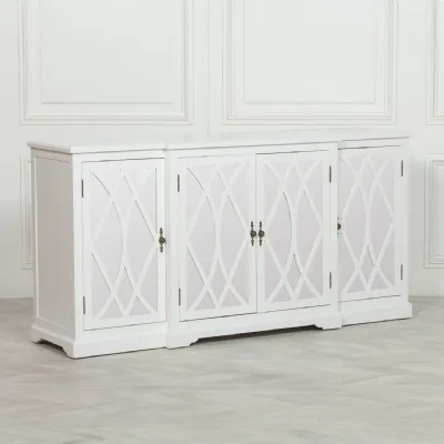White Wood Mirrored Glass Large 4 Ornate Doors Sideboard