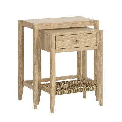 Natural Wood 1 Drawer Nest of 2 Tables Lower Woven Shelf