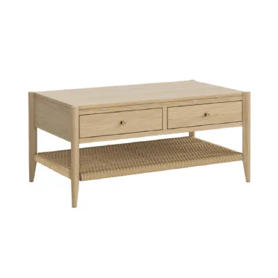 Light Oak 2 Drawer Storage Coffee Table Woven Shelf