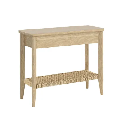 Light Oak Wood Sofa Side Table with Woven Shelf