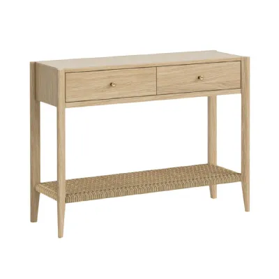 Light Oak 2 Drawer Console Table Woven Shelf