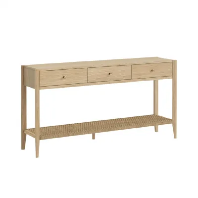 Light Oak 3 Drawer Large Console Table Woven Shelf