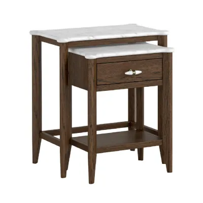Brown Wood Nest of 2 Side Tables Marble Top