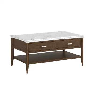 Brown Wood 2 Drawer Coffee Table Marble Top and Shelf