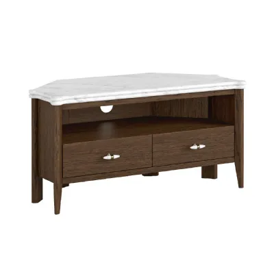 Brown Wood 2 Drawer Corner TV Entertainment Unit Marble Top
