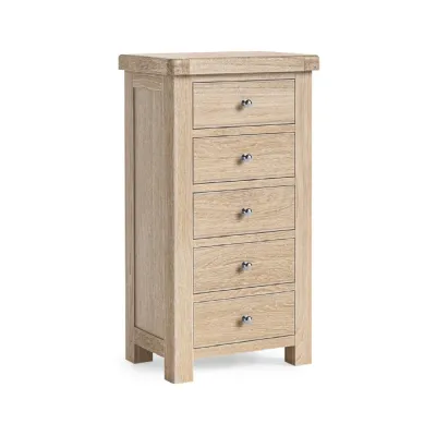 White Wash Wood Chest of 5 Drawers Tallboy