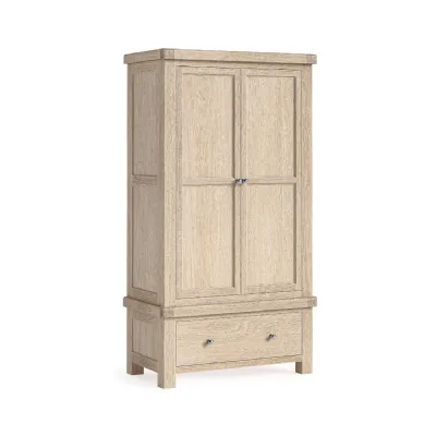 White Washed Wood 2 Door Double Gents Wardrobe with 1 Drawer