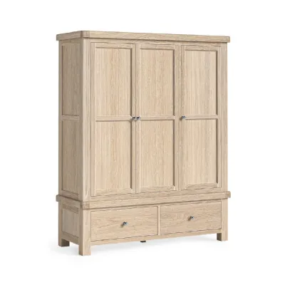 White Wash Oak 3 Door 2 Drawer Triple Wardrobe 198cm Tall