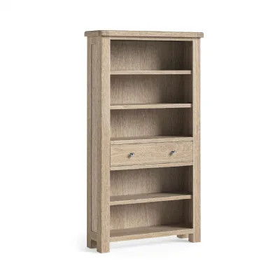 White Wash Oak Large Open Bookcase with Drawer