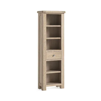 White Wash Wood Slim Narrow Open Bookcase with Drawer