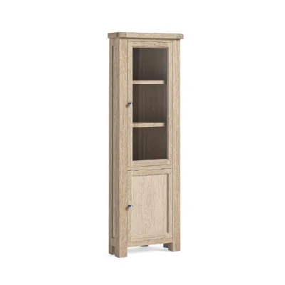 White Wash Wood 2 Door Tall Narrow Corner Display Cabinet