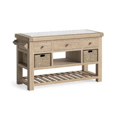 White Washed 3 Drawer Large Kitchen Island with 2 Baskets