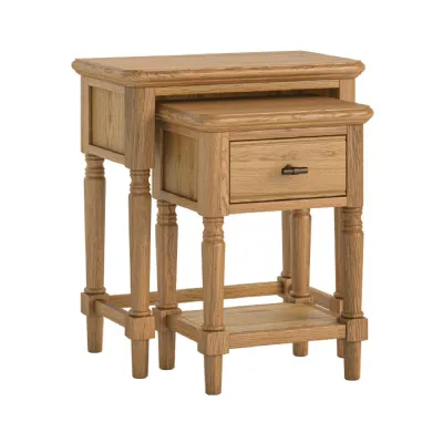Warm Oak Nest of 2 Lamp Tables with Drawer and Turned Legs