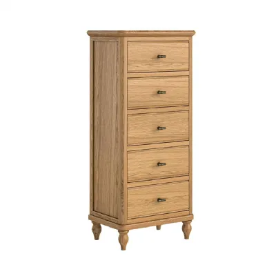 Waxed Oak Narrow Chest of 5 Drawers Tallboy