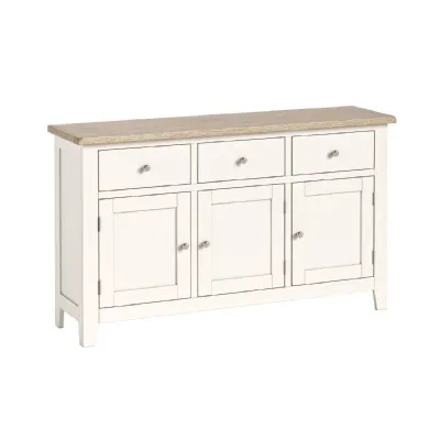 White Wood 3 Door 3 Drawer Large Sideboard Oak Top