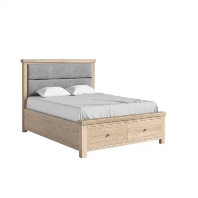White Wash King Size Storage Bed with Grey Cushion Headboard