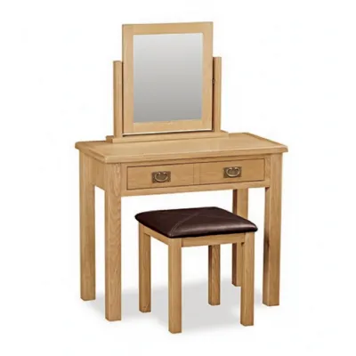 Oak 2 Drawer Dressing Table Set with Vanity Mirror and Stool