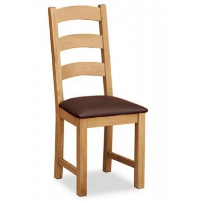 Oak Ladder Back Dining Chair Brown Leather Effect Seat