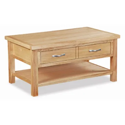 Natural Wood 2 Drawer Coffee Table with Shelf