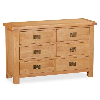 Rustic Waxed Oak Wide Chest of 6 Drawers
