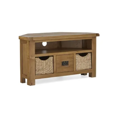 Rustic Oak 1 Drawer Corner TV Media Unit with 2 Baskets