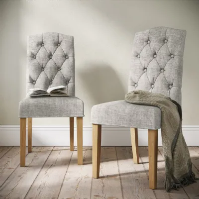 Beige Fabric Buttoned Back Dining Chair Wooden Legs