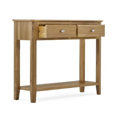 Lacquered Oak 2 Drawer Console Table with Lower Shelf