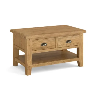 Rustic Wood 2 Drawer Small Coffee Table with Shelf