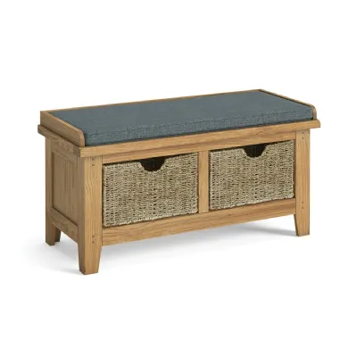 Rustic Oak Hallway Bench with Cushion Seat and 2 Baskets