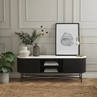 Charcoal Mango Wood 2 Door Large TV Media Stand Marble Top