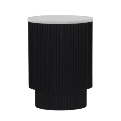 Charcoal Wood 1 Ribbed Door Round Side Table Marble Top