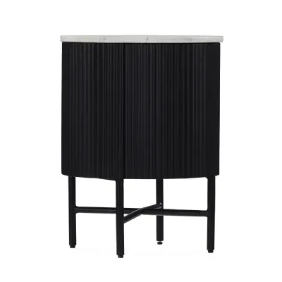 Charcoal Mango Wood 1 Door Round Ribbed Cupboard Marble Top