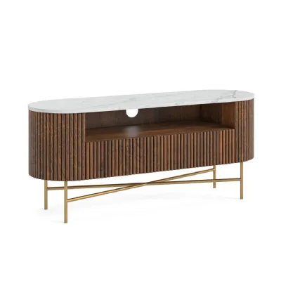 Coffee Mango Wood 2 Door Small Ribbed Media Stand Marble Top