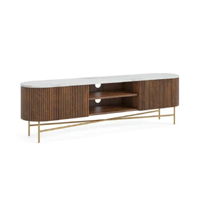 White Marble Top Dark Wood 2 Door Extra Wide TV Media Stand