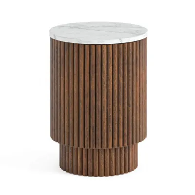 Coffee Bean Wood 1 Ribbed Door Round Side Table Marble Top