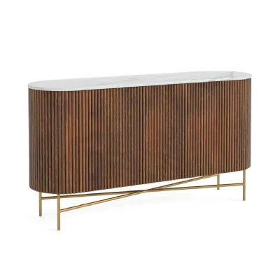 White Marble Top Dark Wood 2 Door Ribbed Wide Sideboard