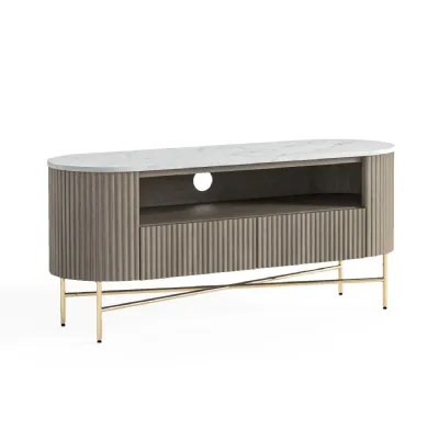 Grey Wood 2 Drawer Small Ribbed TV Media Stand Marble Top