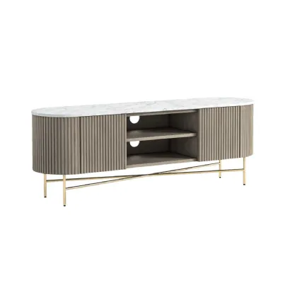 Fluted Mango Wood 2 Door Large TV Media Unit Marble Top