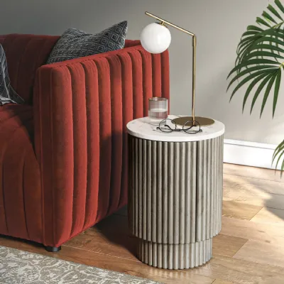 Grey Wood 1 Door Fluted Round Side Table Marble Top