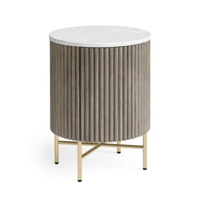 Grey Mango Wood 1 Door Round Fluted Cupboard Marble Top