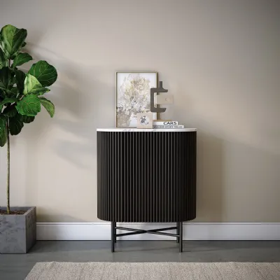 Charcoal Mango Wood 2 Door Ribbed Mini Sideboard Marble Top