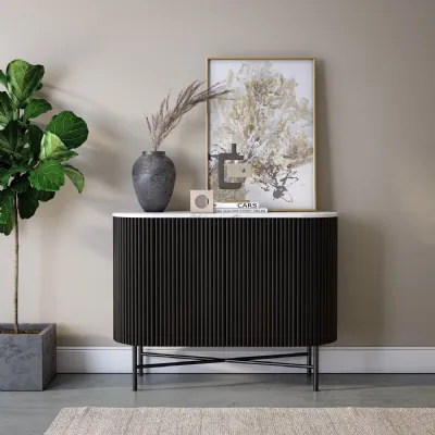 Charcoal Mango Wood 2 Door Ribbed Small Sideboard Marble Top
