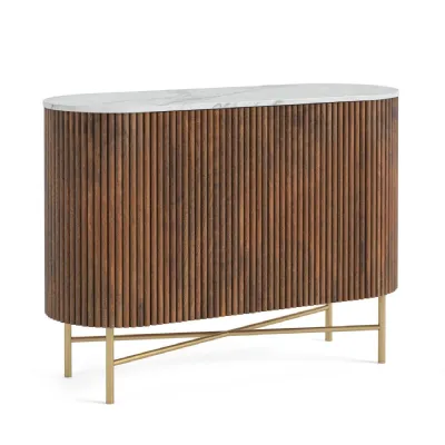 Coffee Mango Wood 2 Door Ribbed Small Sideboard Marble Top