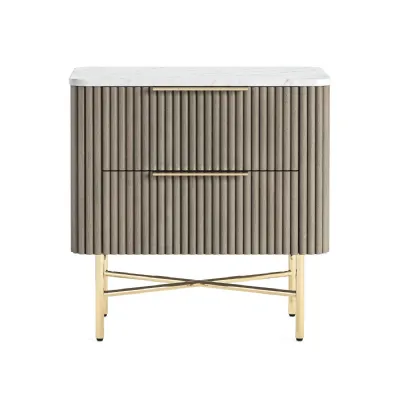 Grey Mango Wood 2 Drawer Fluted Bedside Cabinet Marble Top