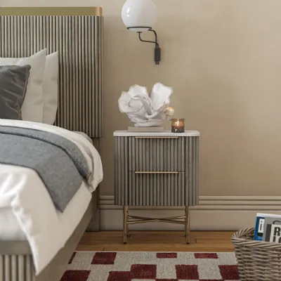 Grey Wood 2 Drawer Fluted Narrow Bedside Table Marble Top