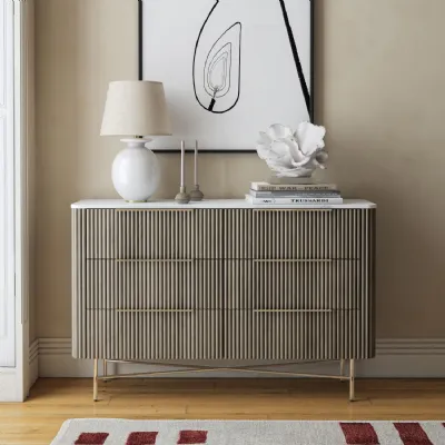 Marble Top Fluted Design Wood Chest of 6 Drawers Plated Legs
